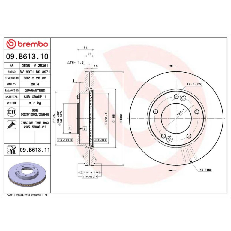 94 481 022 Bremsscheibe VA 09.B613.11 94 481 022 Bremsscheibe VA 09.B613.11