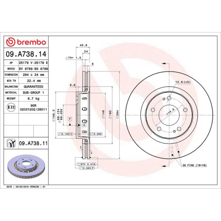 70 481 034 Bremsscheibe VA 09.A738.11 70 481 034 Bremsscheibe VA 09.A738.11