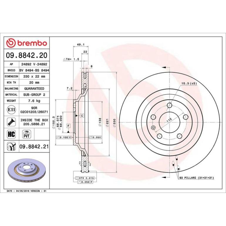 12 482 022 Bremsscheibe HA 09.8842.21 12 482 022 Bremsscheibe HA 09.8842.21