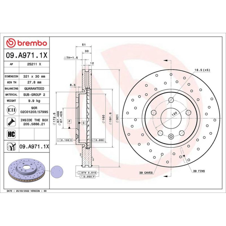 BREMBO Bremsscheibe XTRA VA 09.A971.1X BREMBO Bremsscheibe XTRA VA 09.A971.1X