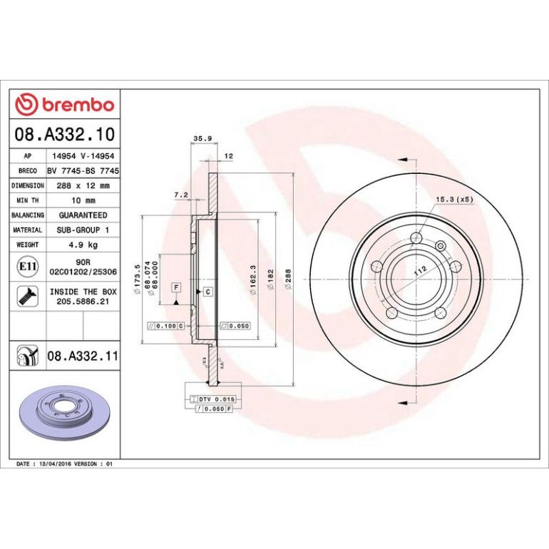 12 482 035 Bremsscheibe HA 08.A332.11 12 482 035 Bremsscheibe HA 08.A332.11