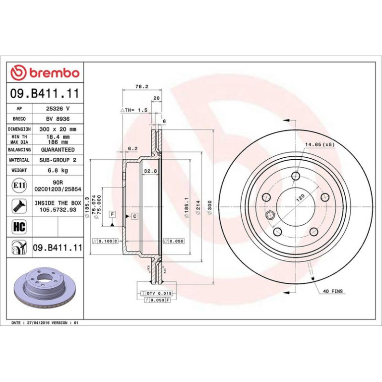 11 482 075 Bremsscheibe HA 09.B411.11 11 482 075 Bremsscheibe HA 09.B411.11