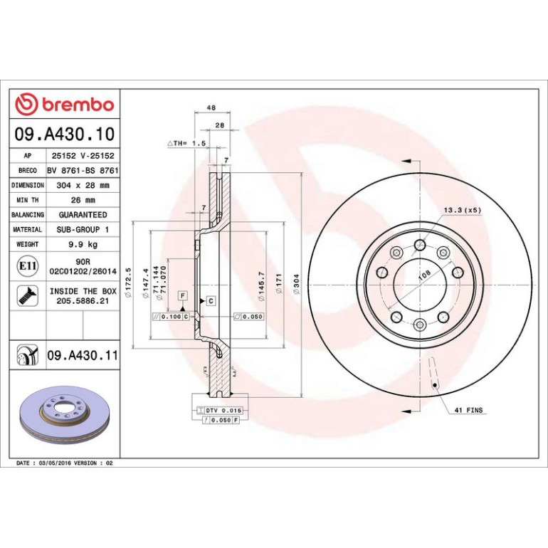 70 481 032 Bremsscheibe VA 09.A430.10 70 481 032 Bremsscheibe VA 09.A430.10