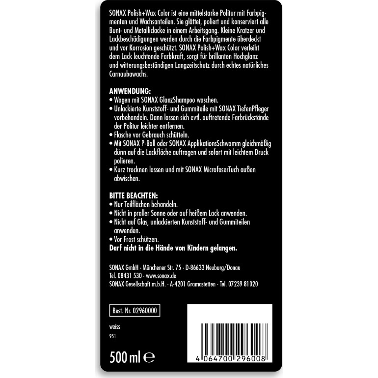 Sonax Polish&Wax Color weiß 500ml NanoPro 02960000