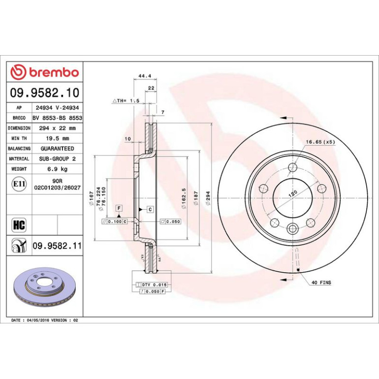 17 482 014 Bremsscheibe HA 09.9582.10 17 482 014 Bremsscheibe HA 09.9582.10