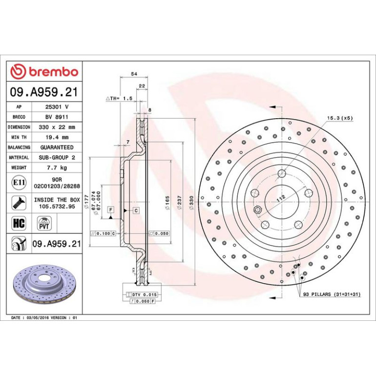 15 482 077 Bremsscheibe HA 09.A959.21 15 482 077 Bremsscheibe HA 09.A959.21