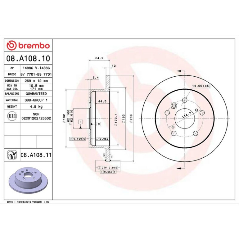 82 482 038 Bremsscheibe HA 08.A108.10 82 482 038 Bremsscheibe HA 08.A108.10