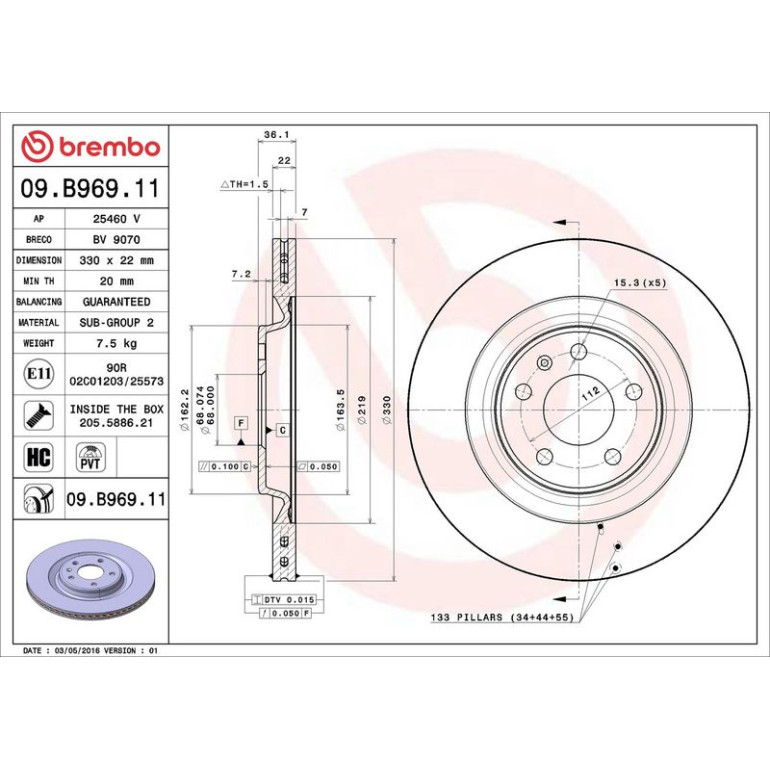 12 481 058 Bremsscheibe HA 09.B969.11 12 481 058 Bremsscheibe HA 09.B969.11