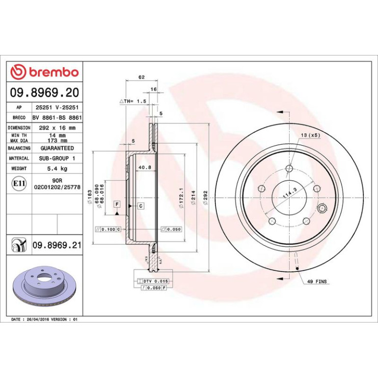85 482 028 Bremsscheibe HA 09.8969.21 85 482 028 Bremsscheibe HA 09.8969.21
