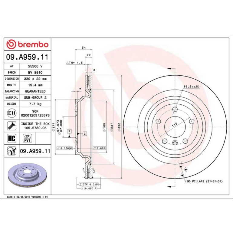 15 482 075 Bremsscheibe HA 09.A959.11 15 482 075 Bremsscheibe HA 09.A959.11