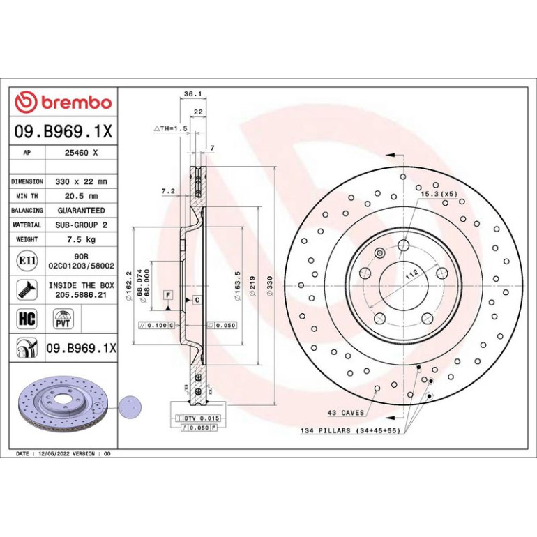 BREMBO Bremsscheibe XTRA VA/HA 09.B969.1X BREMBO Bremsscheibe XTRA VA/HA 09.B969.1X