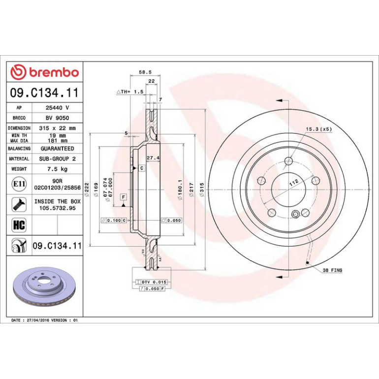 15 482 027 Bremsscheibe HA 09.C134.11 15 482 027 Bremsscheibe HA 09.C134.11