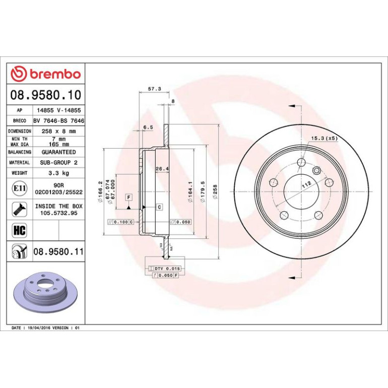 15 482 025 Bremsscheibe HA 08.9580.11 15 482 025 Bremsscheibe HA 08.9580.11