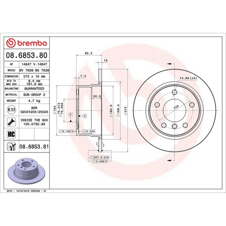 11 482 029 Bremsscheibe HA 08.6853.81 11 482 029 Bremsscheibe HA 08.6853.81