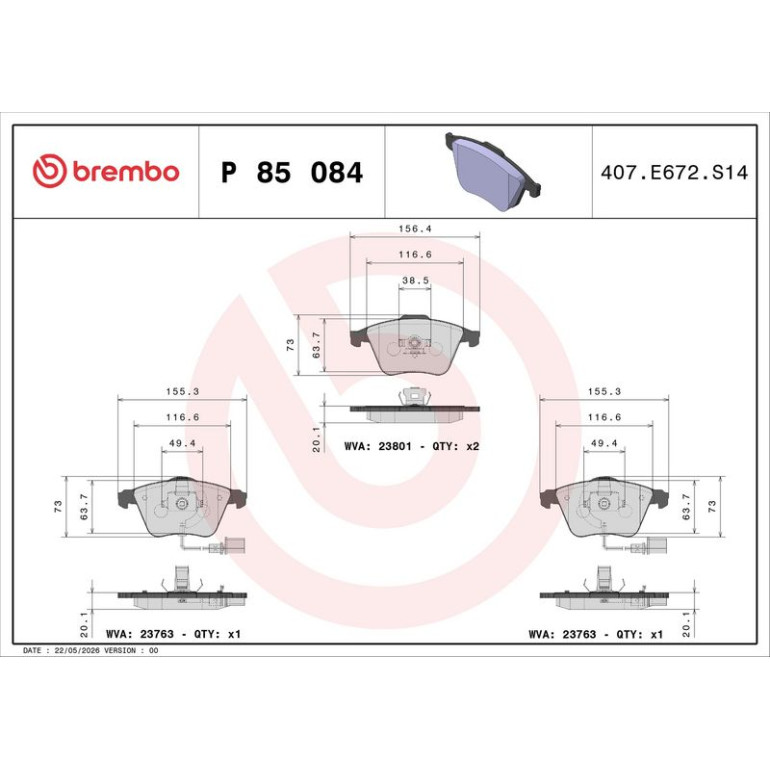 BREMBO Bremsklötze VA P 85 084 BREMBO Bremsklötze VA P 85 084