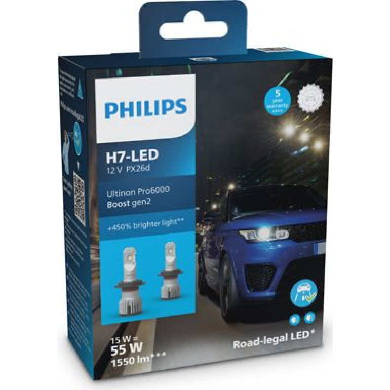 LED H7 12/24 16W Ultinon Pro6000 Boost Gen2 +450% mit Straßenzul. 2 Stück Philips 11972U60B2X2
