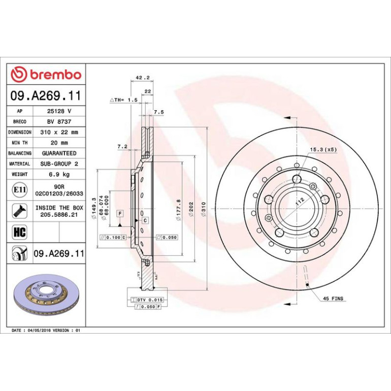 12 482 037 Bremsscheibe HA 09.A269.11 12 482 037 Bremsscheibe HA 09.A269.11