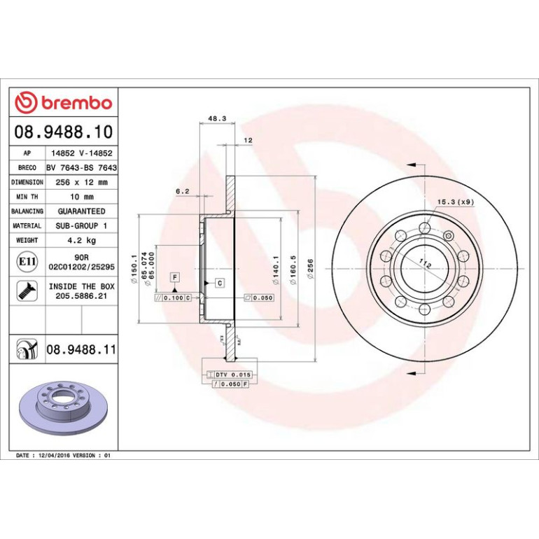 12 482 025 Bremsscheibe HA 08.9488.11 12 482 025 Bremsscheibe HA 08.9488.11
