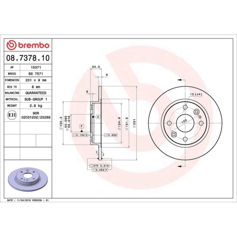 83 482 015 Bremsscheibe HA 08.7378.10 83 482 015 Bremsscheibe HA 08.7378.10