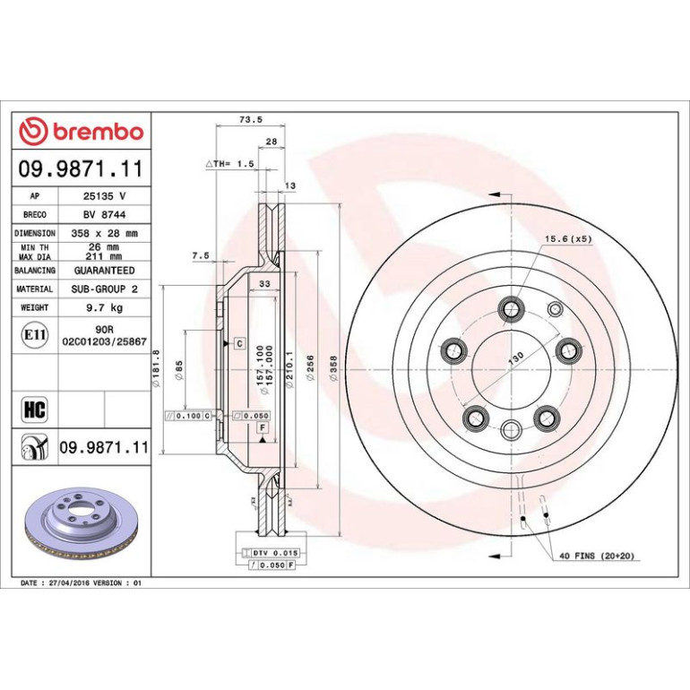 12 482 029 Bremsscheibe HA 09.9871.11 12 482 029 Bremsscheibe HA 09.9871.11