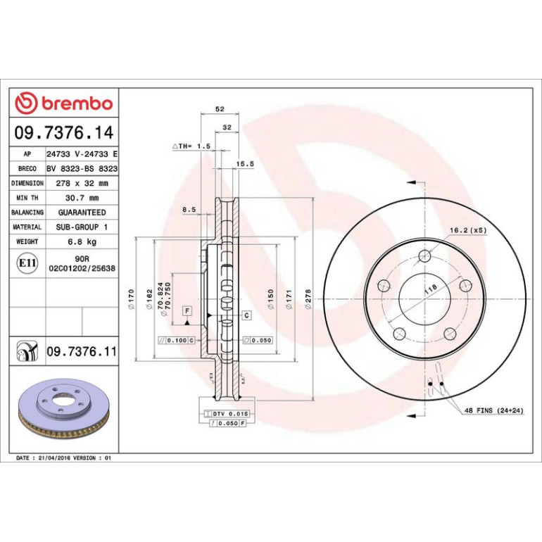 10 481 024 Bremsscheibe VA 09.7376.11 10 481 024 Bremsscheibe VA 09.7376.11