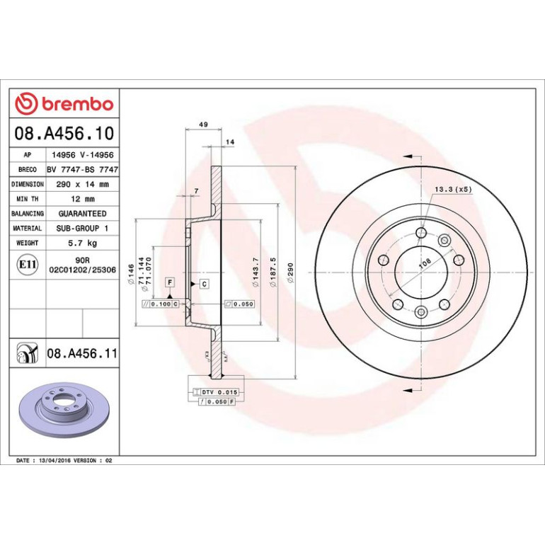 70 482 022 Bremsscheibe HA 08.A456.10 70 482 022 Bremsscheibe HA 08.A456.10