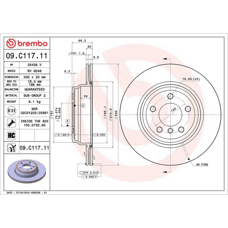 11 482 073 Bremsscheibe HA 09.C117.11 11 482 073 Bremsscheibe HA 09.C117.11