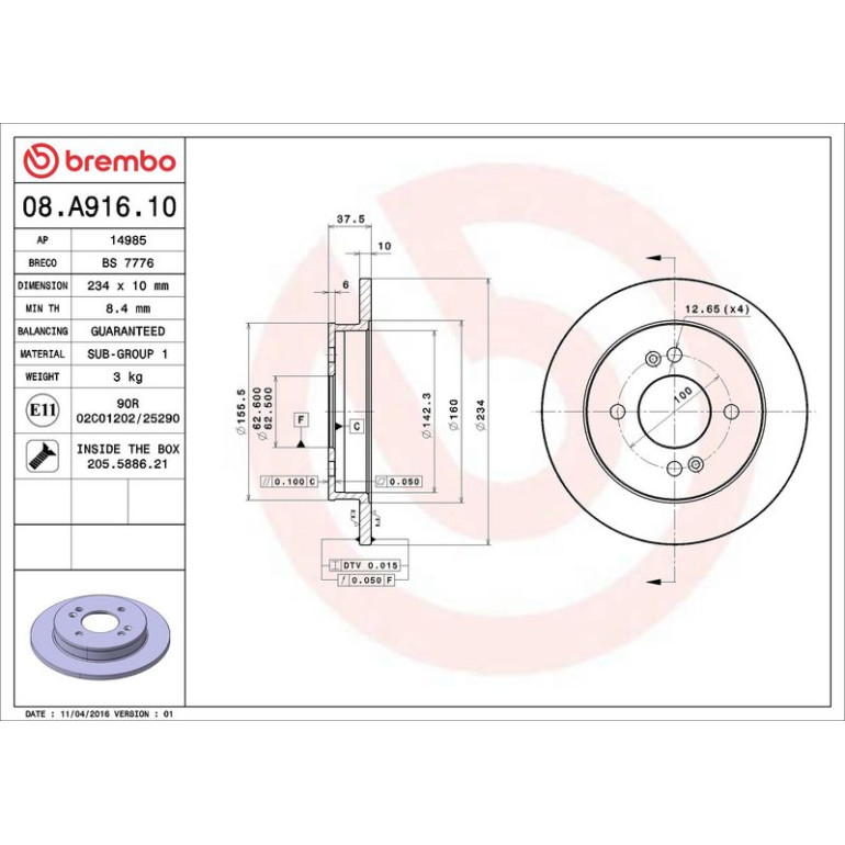 94 482 002 Bremsscheibe HA 08.A916.10 94 482 002 Bremsscheibe HA 08.A916.10